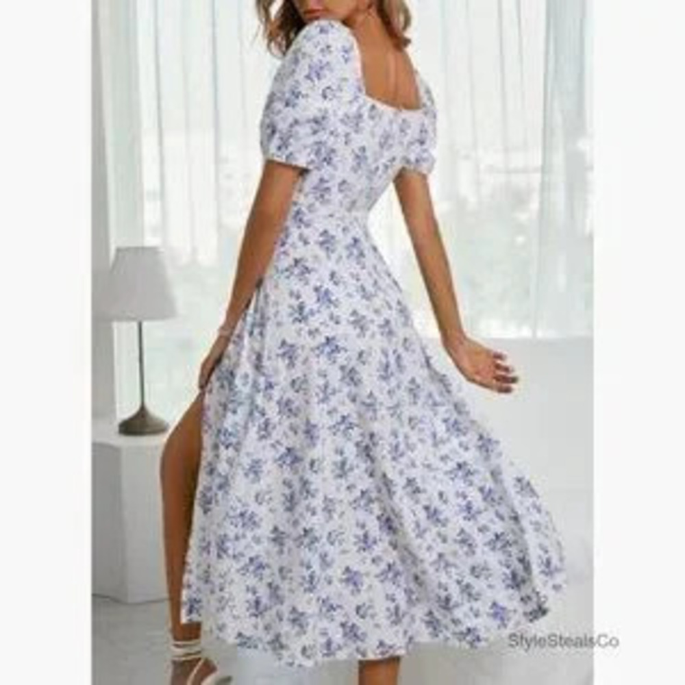 Floral Print Square Neck Midi Dress with Split Thigh and Tie Front - Picture 3 of 5